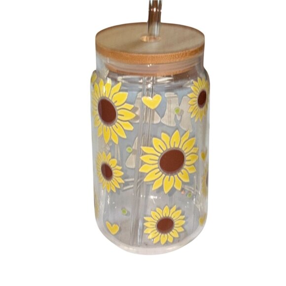 16 Oz Iced Coffee/Iced Drink Glass With Lid & Glass Straw-Sunflower Mama - Picture 2 of 5